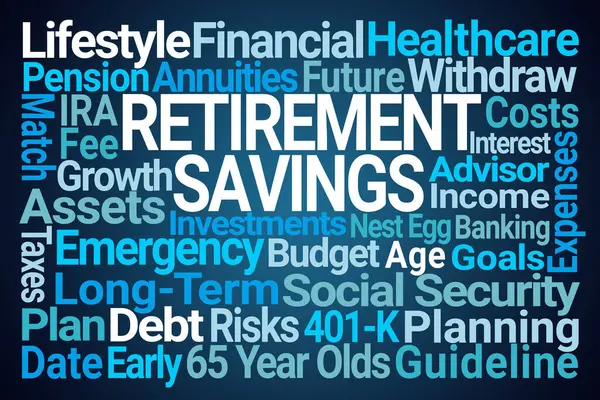 ブルーバックグラウンドの退職貯蓄ワードクラウド ロイヤリティフリーのストック画像