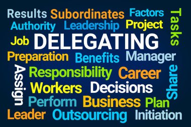 Delegating Word Cloud on Blue Background clipart