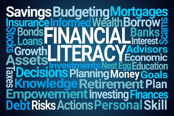 Financial Literacy Word Cloud Blue Background Royaltyfria Stockfoton