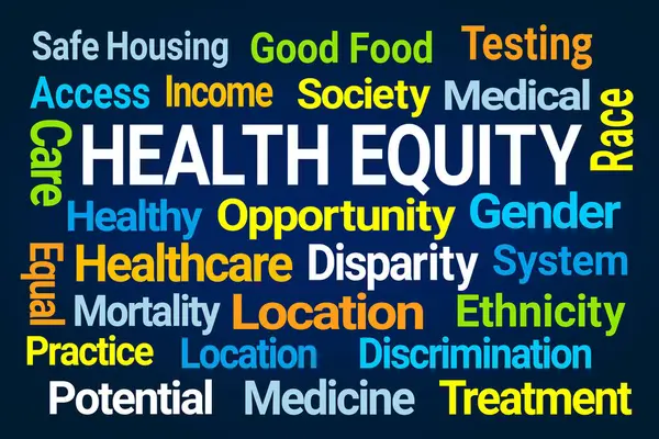 Saúde Equity Word Cloud Fundo Azul Fotografia De Stock