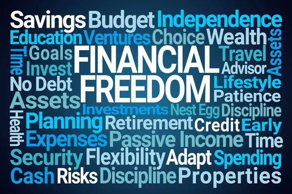 Financial Freedom Word Cloud Blue Background Royaltyfria Stockbilder