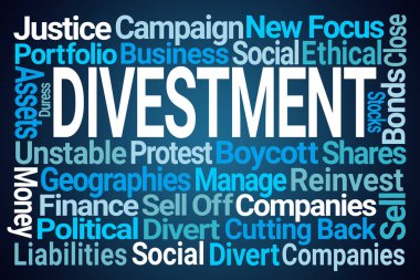 Divestment Word Cloud on Blue Background clipart
