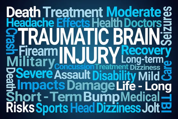 外傷性脳損傷 ブルーバックグラウンドのワードクラウド ロイヤリティフリーのストック画像