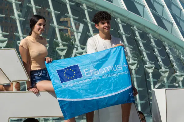Valência Espanha Maio 2024 Bandeira Erasmus Erasmus Programa Intercâmbio Estudantes Fotografia De Stock