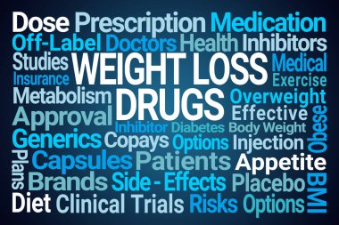 Weight Loss Drugs Word Cloud on Blue Background clipart