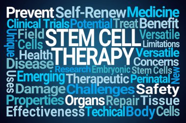 Stem Cell Therapy Word Cloud on Blue Background clipart