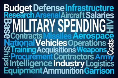 Military Defense Spending Word Cloud on Blue Background clipart