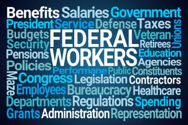 Federal Workers Word Cloud on Blue Background clipart