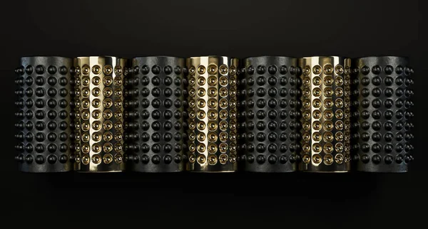 暗い背景の上に正と負のディンプルと鉄と金色の3Dイラストチューブの概念抽象シリーズ ロイヤリティフリーのストック画像