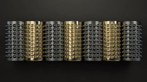 Modern Abstrakt Looping Gold Och Iron Rendered Dimpled Rolling Cylinders — Stockvideo