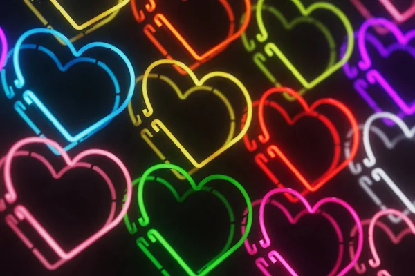 Flerfärgad Illustration Glödande Neon Tecken Över Svart Reflekterande Vägg — Stockfoto