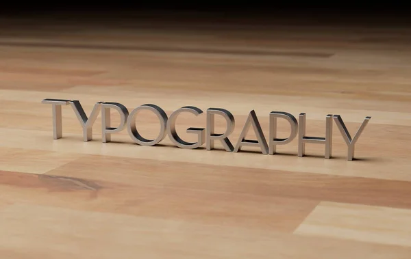 木地板上不锈钢Tyopgraphy文本的三维渲染图解 — 图库照片