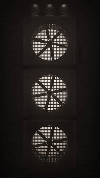 Ventiladores Industriales Metal Grueso Oscuro Apilados Una Pared Ladrillo Con —  Fotos de Stock