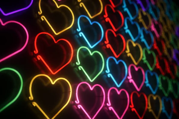 Flerfärgad Illustration Glödande Neon Tecken Över Svart Reflekterande Vägg — Stockfoto