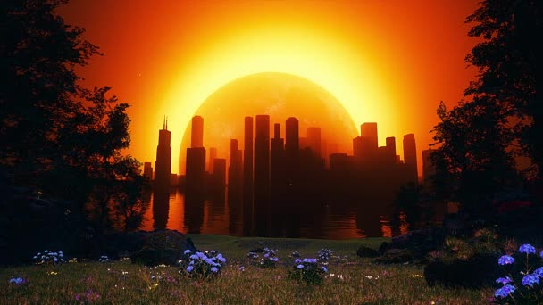 Futurisztikus Városkép Erdő Napfogyatkozás Sun Háttér Hurok — Stock videók