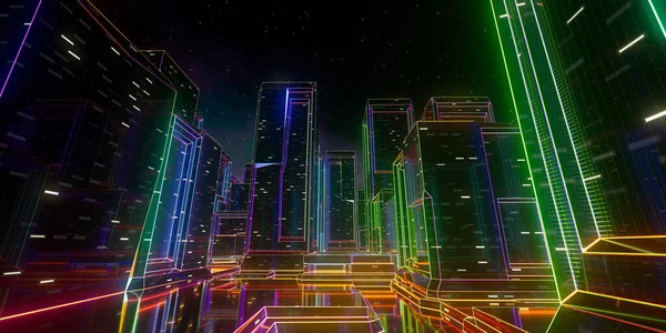 星空のネオンにある抽象的な未来都市 3Dイラスト — ストック写真