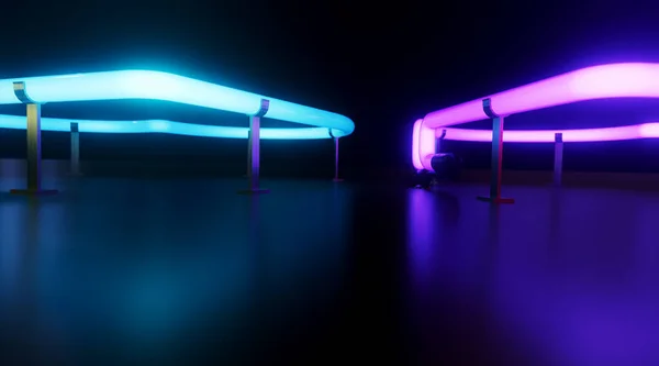 Vista Astratta Marcro Tubi Neon Resi Con Supporti Terreno Riflettente — Foto Stock