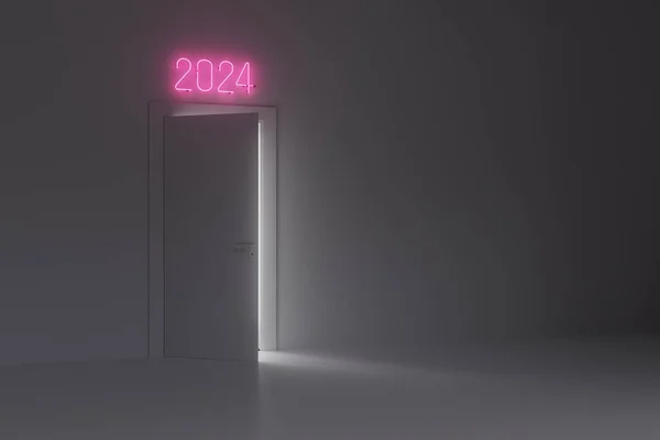 Концептуальный Светящийся Неоновый Знак 2024 Над Дверью Всей Белой Комнате — стоковое фото