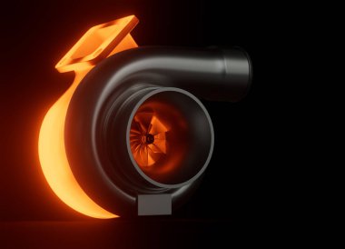 Siyah arkaplan üzerinde parlayan kırmızı sıcak turbo şarj cihazının kavramsal 3D çizimi.