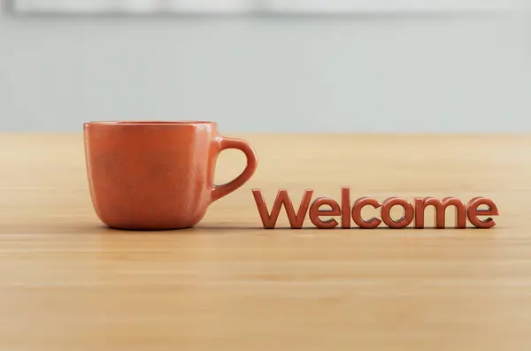 Orange Rendered Coffee Cup Wood Countertop Welcome Title Royalty Free Stock Photos