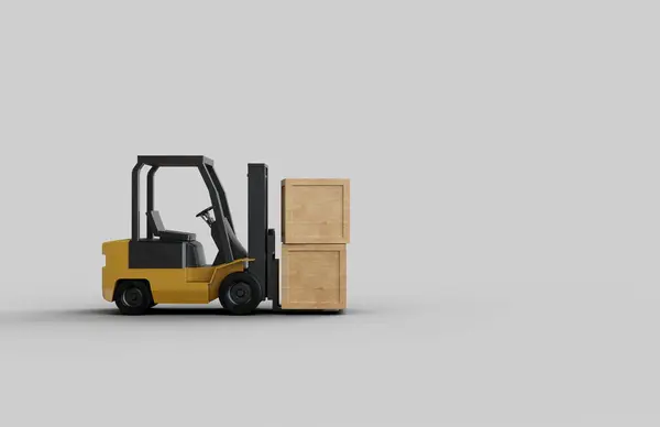 Diilustrasikan Kuning Industri Forklift Dengan Kotak Kayu Garpu Duduk Lantai Stok Lukisan  