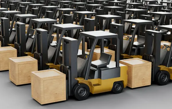 Menggambarkan Armada Forklift Industri Kekuningan Dengan Kotak Kayu Garpu Duduk Stok Foto