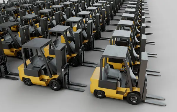 Menggambarkan Armada Garpu Forklift Industri Kekuningan Duduk Lantai Stok Gambar