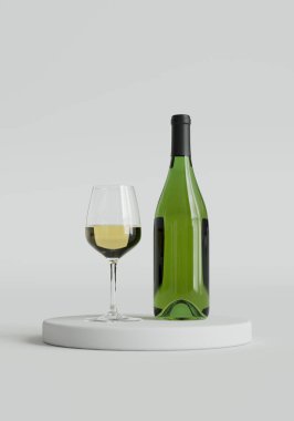 Beyaz arka planda 3 boyutlu şarap şişesi ve şarap kadehi görüntüsü. Minimalist görünüm ve his.