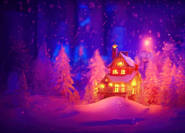 圣诞故事情节 在雪地的森林里有一座小房子的装饰形象 广告或圣诞背景的形象 — 图库照片