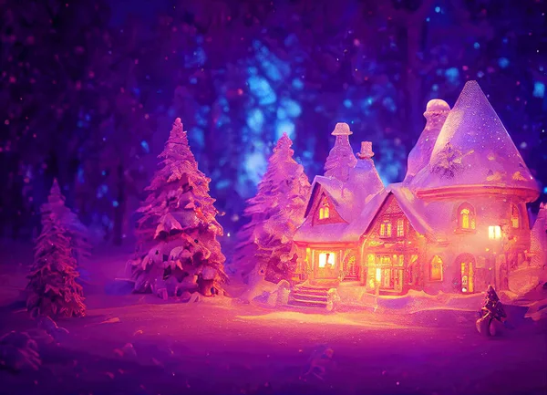 Karácsonyi Történet Táj Dekoratív Kép Egy Kis Ház Egy Havas — Stock Fotó