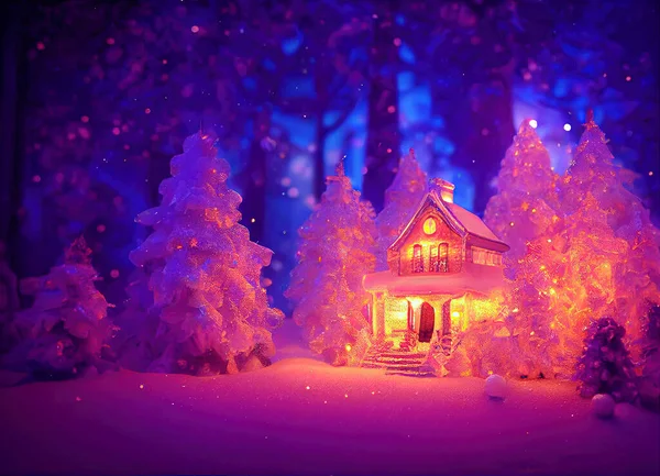 圣诞故事情节 在雪地的森林里有一座小房子的装饰形象 广告或圣诞背景的形象 — 图库照片