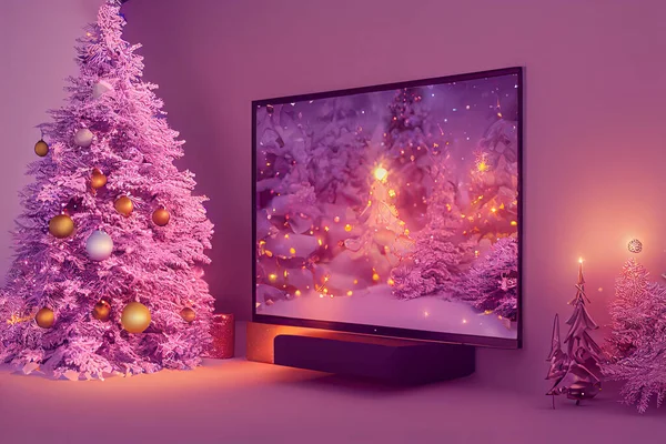Televisão Com Paisagem Natal Cena Decorativa Com Árvore Natal Presentes — Fotografia de Stock