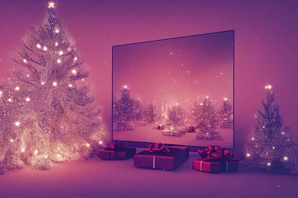 Fröhlich Fernsehen Mit Weihnachtslandschaft Dekorativer Szene Mit Weihnachtsbaum Und Geschenken — Stockfoto