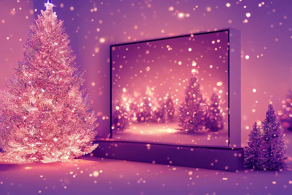 Télévision Avec Paysage Noël Dans Scène Décorative Avec Arbre Noël — Photo