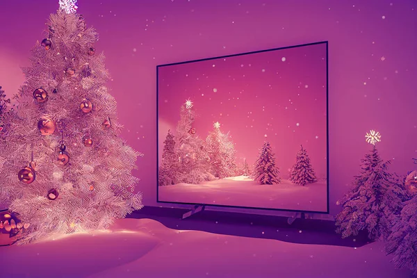 Télévision Avec Paysage Noël Dans Scène Décorative Avec Arbre Noël — Photo
