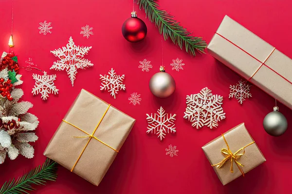 Regalos Navidad Sobre Fondo Rojo Con Paquetes Piezas Decorativas Motivos — Foto de Stock