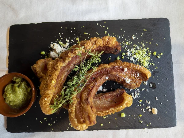 Gourmet Typical Spanish Dish Called Torreznos Consisting Deep Fried Pork — Stock Photo, Image