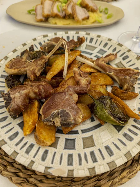 Lamb Chops French Fries White Plate Green Chili Peppers Castilian — Stock Photo, Image