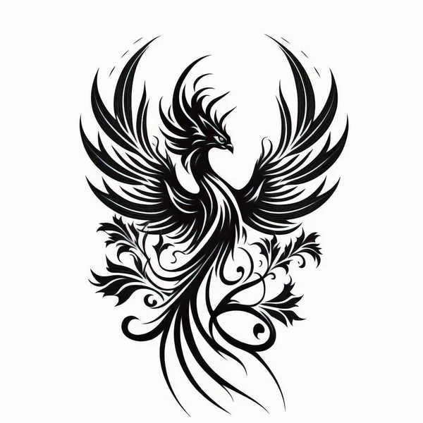 Fénix Pták Tetování Skica Bílém Pozadí Černý Inkoust Geometrie Mytologické — Stock fotografie