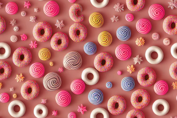 Illustratie Donuts Rijen Kleuren Smakelijke Smaken Creatieve Achtergrond Van Snoepjes — Stockfoto