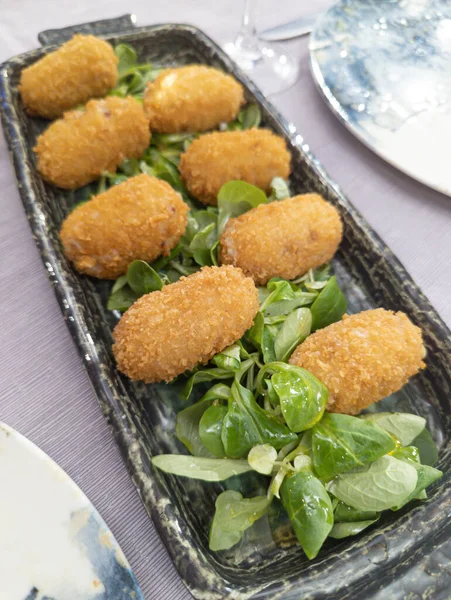 Savory Delights Tempting Plate Mushroom Croquettes Culinary Delight Restaurant Table — Stock Photo, Image