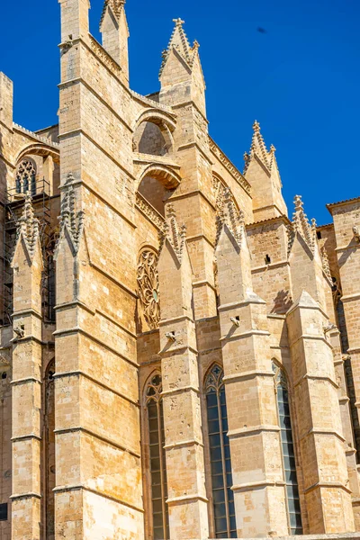 Towering Spires Ornate Masonry Gothic Charm Beckon Exterior Views Mallorca — Stock Photo, Image
