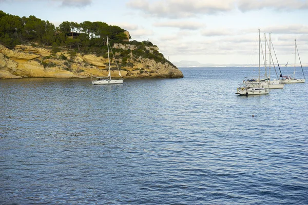 体验一下马略卡岛的浪漫吧 它就像海滩上的船坞 在阳光的余晖的亲吻下 展现了岛上田园诗般的魅力 — 图库照片