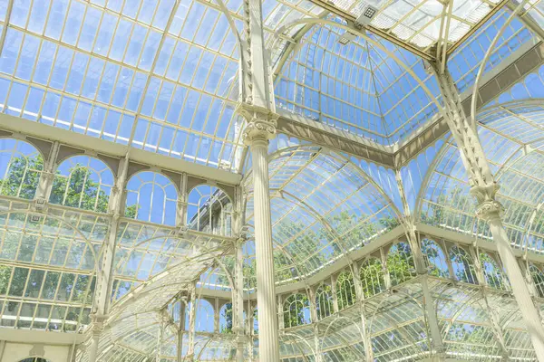 Sunlight through glass, nature\'s embrace. Marvel at Madrid\'s shimmering icon amidst tranquil greenery