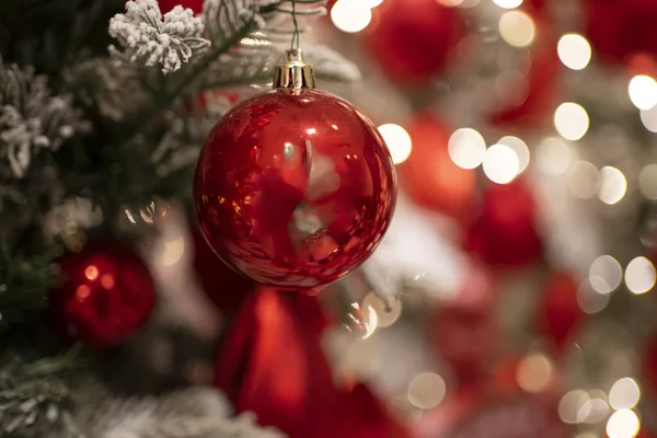 Árbol Navidad Bellamente Decorado Con Luces Brillantes Adornos Coloridos Encarnando —  Fotos de Stock