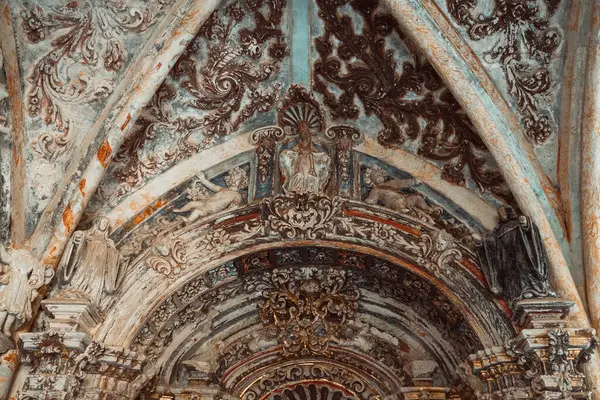 Exquisite Vaulted Ceiling Frescoes Monasterio Piedra Showcasing Aged Ornamental Patterns Stock Picture