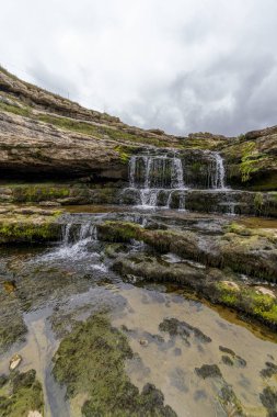 İspanya, Cantabria 'da yemyeşil yosunlarla kaplı katmanlı kaya oluşumlarının üzerinden akan resim gibi bir şelale. Doğa, seyahat ve manzara temaları için ideal.