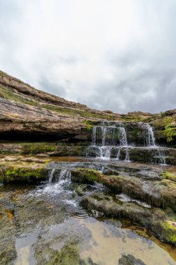 İspanya, Cantabria 'da yemyeşil yosunlarla kaplı katmanlı kaya oluşumlarının üzerinden akan resim gibi bir şelale. Doğa, seyahat ve manzara temaları için ideal.