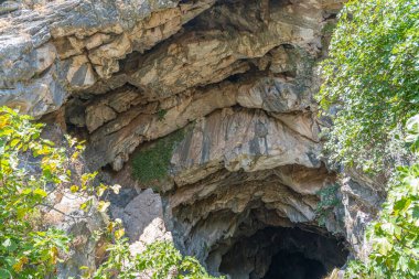 İspanya 'nın Ronda kenti yakınlarındaki çarpıcı bir kireçtaşı mağarası olan Cueva del Gato' nun engebeli girişi yemyeşil ile çevrilidir. Doğa keşfi, macera ve seyahat temaları için ideal