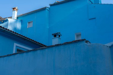 İspanya 'nın Endülüs kentindeki mavi boyalı köy Juzcar' ın resimli manzarası sabah güneşinde yıkandı. Seyahat broşürleri, kültürel özellikler veya huzurlu manzara temaları için mükemmel..